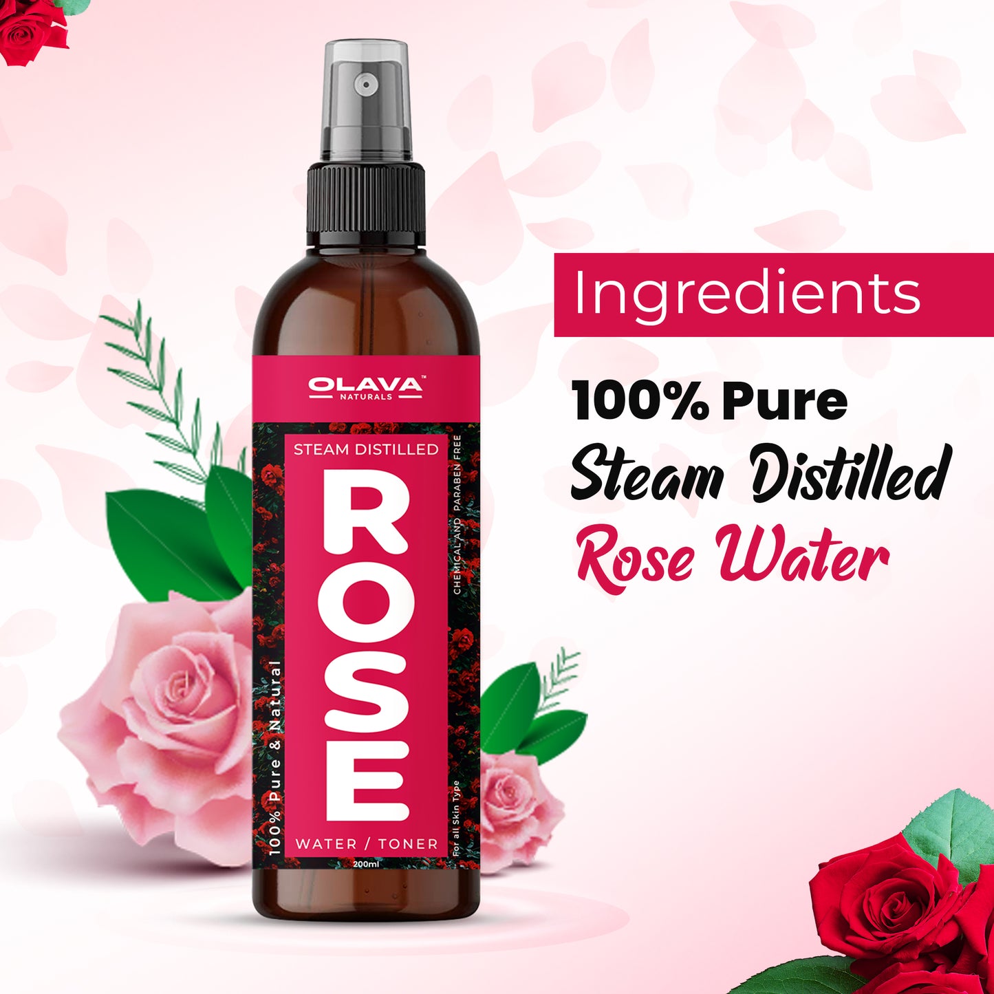 Olava Naturals Pure Rose Water - 100% Pure and Natural Steam Distilled Gulab Jal Face Toner