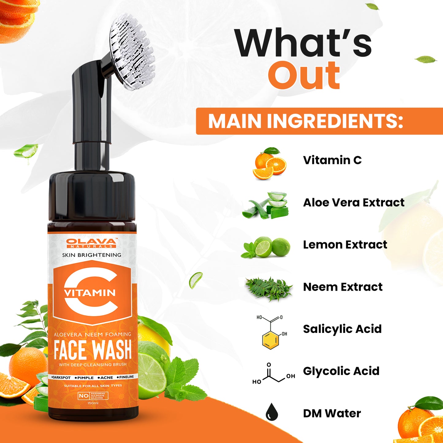 Olava Naturals Vitamin C Face Wash - Skin Brightening Foaming Face Wash with Built-In Deep Cleansing Brush