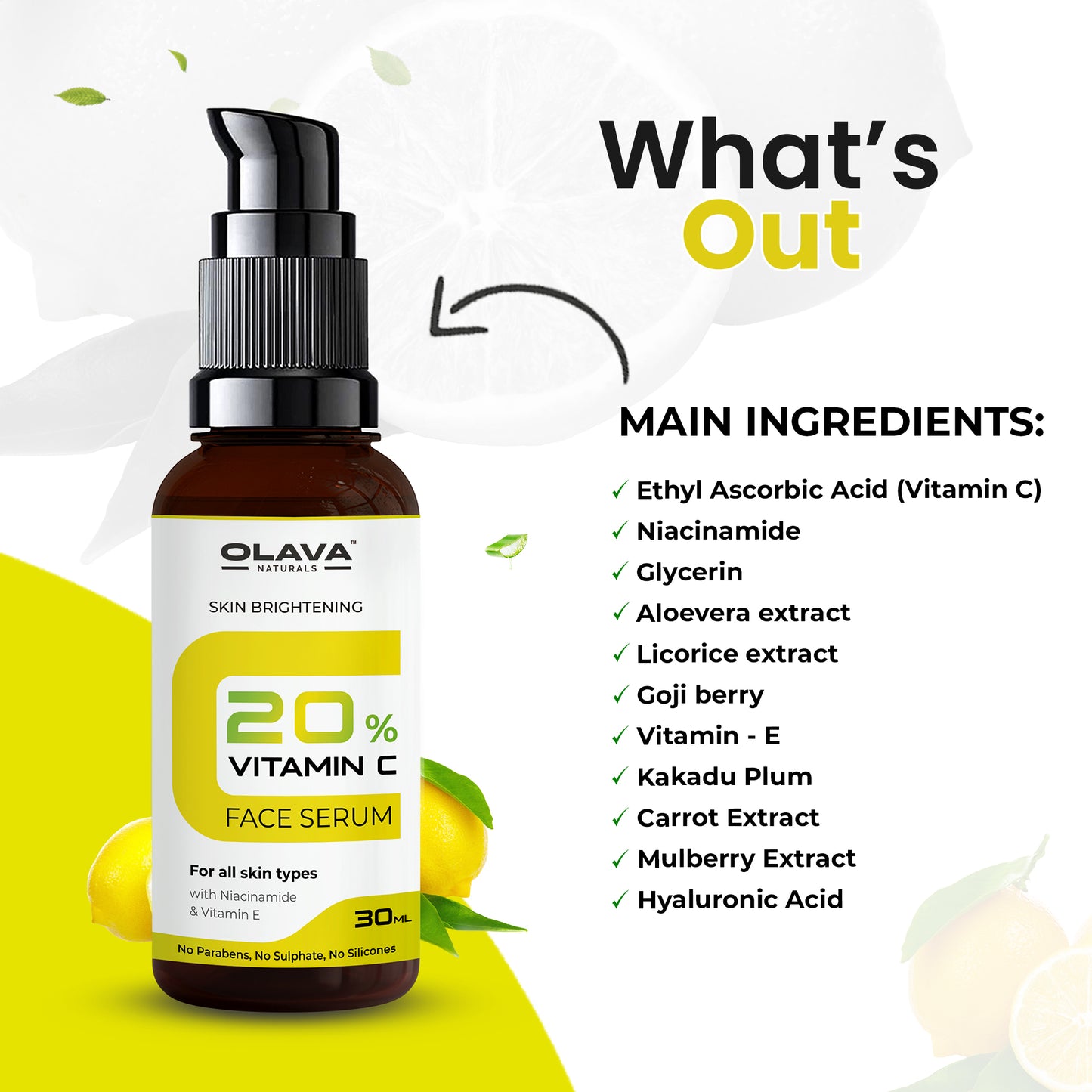 Olava Naturals Vitamin C Serum - 20% Vitamin C Face Serum - Skin Brightening Vit C Serum for Men & Women - Non Irritating - 30ml